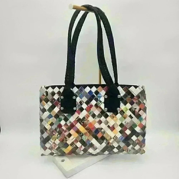 Cosmic Bobbins Vintage Y2K Upcycled "Wrapper" Large Hand Bag with Leather Straps - Picture 8 of 11